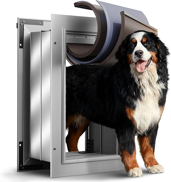 Dog Door for Wall, X-Large Dog Door with 3-Flap, Aluminum Doggie Door, Heavy Duty Pet Door with Lock, Telescoping Tunnel for Interior Exterior Wall, Pets Up to 220LB