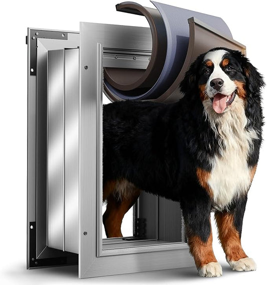 Dog Door for Wall, X-Large Dog Door with 3-Flap, Aluminum Doggie Door, Heavy Duty Pet Door with Lock, Telescoping Tunnel for Interior Exterior Wall, Pets Up to 220LB