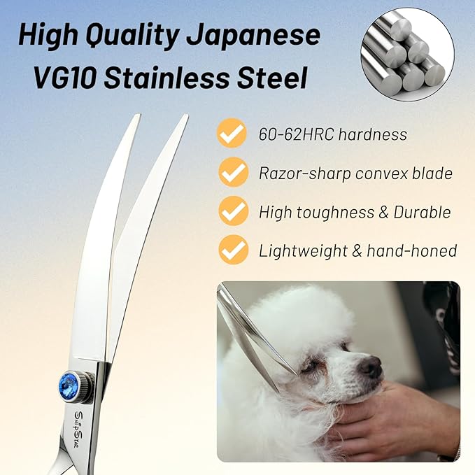 7.5inch 25° Curved Dog Grooming Scissors Professional, Japanese VG10 Stainless Steel Sharp, Comfortable Dog Scissors for Grooming Groomer, Ergonomic Handle, Pet Cutting Shears for Dogs Cats Face Paws