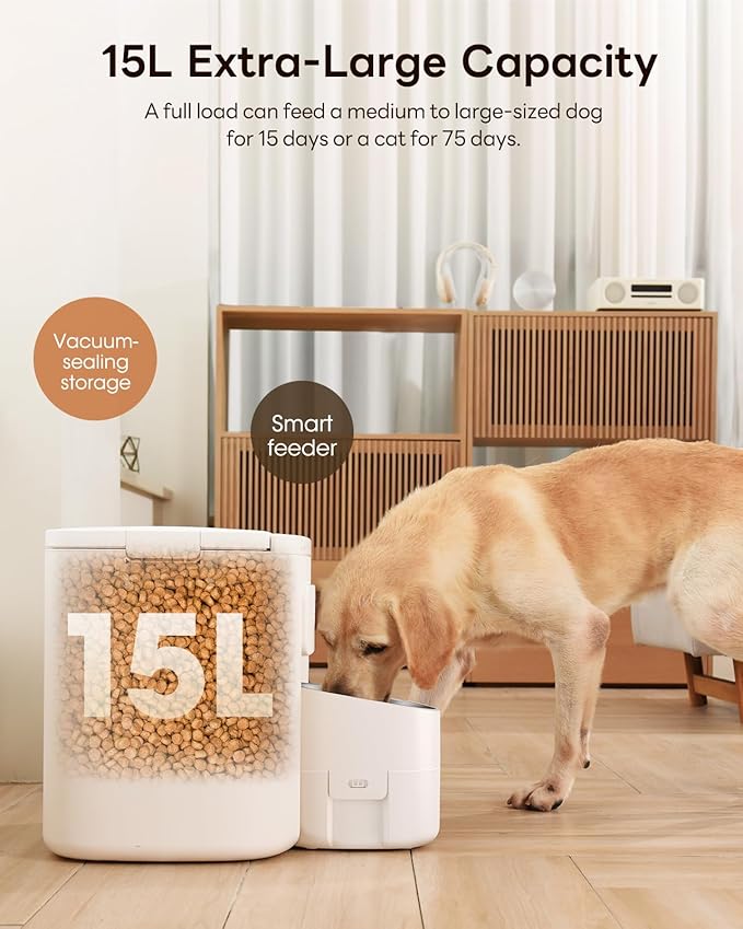15L Automatic Dog Feeder for Large Breed, 2026 Vacuum-Sealed Storage Airtight 100% Freshness Timed Auto Dog Food Dispenser, Anti-Blockage System, Support up to 22mm Pet Food, Stainless Steel Bowl