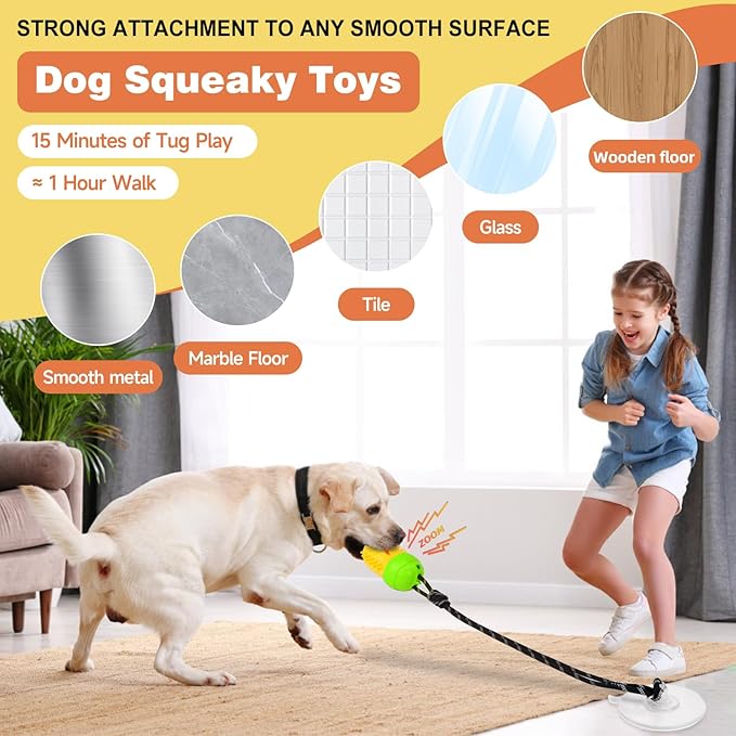 Interactive Suction Cup Tug Dog Toy,Treat Dispensing Puzzle Enrichment Squeaky Toy, Indestructible Chew Toy for Medium Small Dogs,Green Yellow