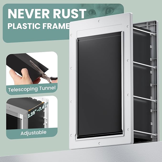 3-Flap Dog Door, Large Doggy Door for Wall, Never Rust Plastic Wall Dog Door, Telescoping Tunnel, Magnetic Flaps, Insulation Flap, Closing Panel, Pet Door for Pets Up to 110 Pounds