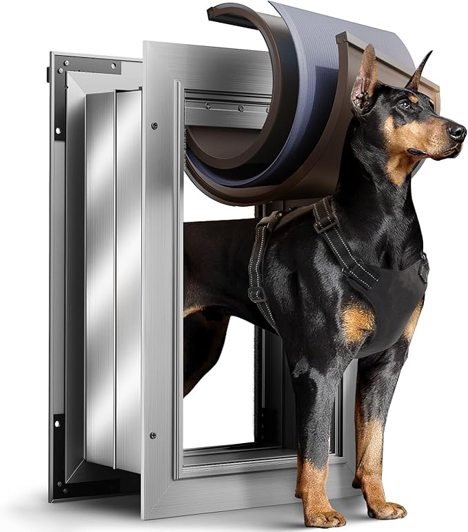 Dog Door for Wall, Large Dog Door with 3-Flap, Aluminum Doggie Door, Heavy Duty Pet Door with Lock, Telescoping Tunnel for Interior Exterior Wall, Pets Up to 110LB