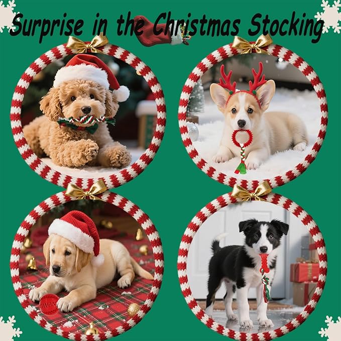 Christmas Dog Toys 15 Pack for Teeth Cleaning and Fun, Puppy Teething Chew Toy with Gift Box, Tug Rope Balls & Rubber Rings Bulk– Variety Dog Gifts Set Reduce Anxiety & Save Furniture