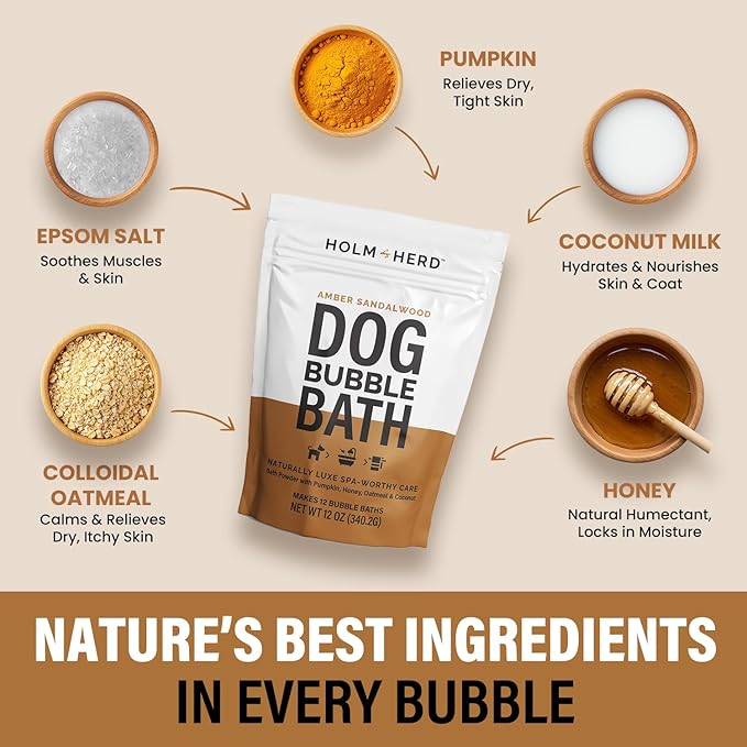 Amber Sandalwood Dog Care Gift Bundle – 3 Piece Grooming Set with Bubble Bath Shampoo Alternative, Deodorizing Coat Spray & Moisturizing Serum – Luxury Dog Spa Kit & Grooming Gift (Amber Sandalwood)