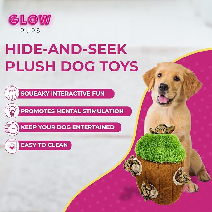 Glow Pups Hide and Seek Dog Toy Squeaky Plush Owl in Tree, Interactive Burrow, Promotes Mental Stimulation, Easy to Clean, Whimsical Green Design (Set of 4, Medium)