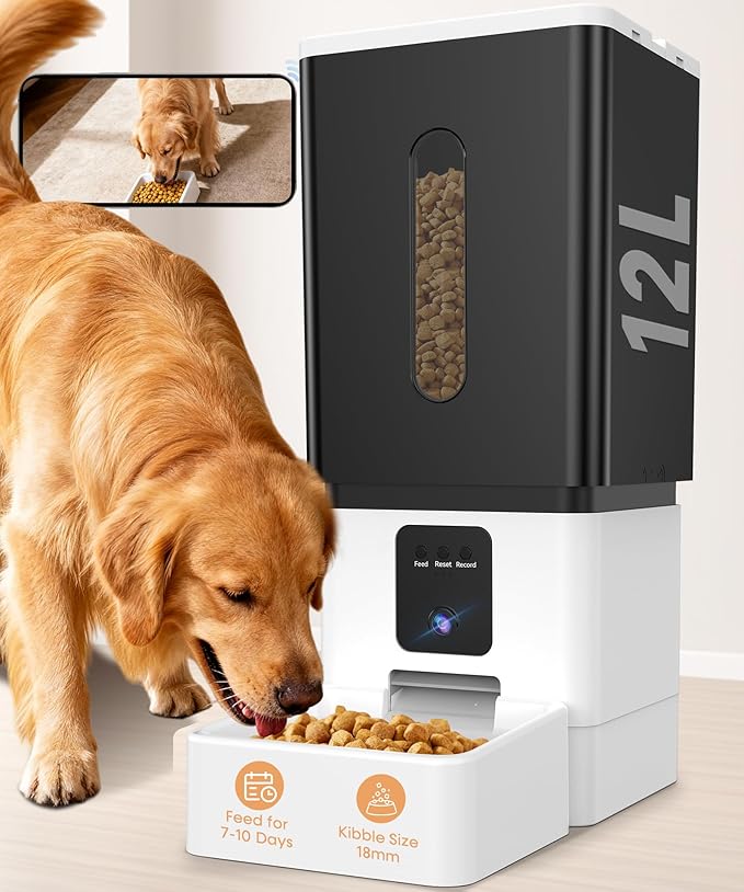 Automatic Dog Feeder Large Breed: 12L/50 Cups with HD 1080P Camera - 5G WiFi Anti-Clog Timed Dog Feeder for Golden Retriever Busy Owners by UTCG