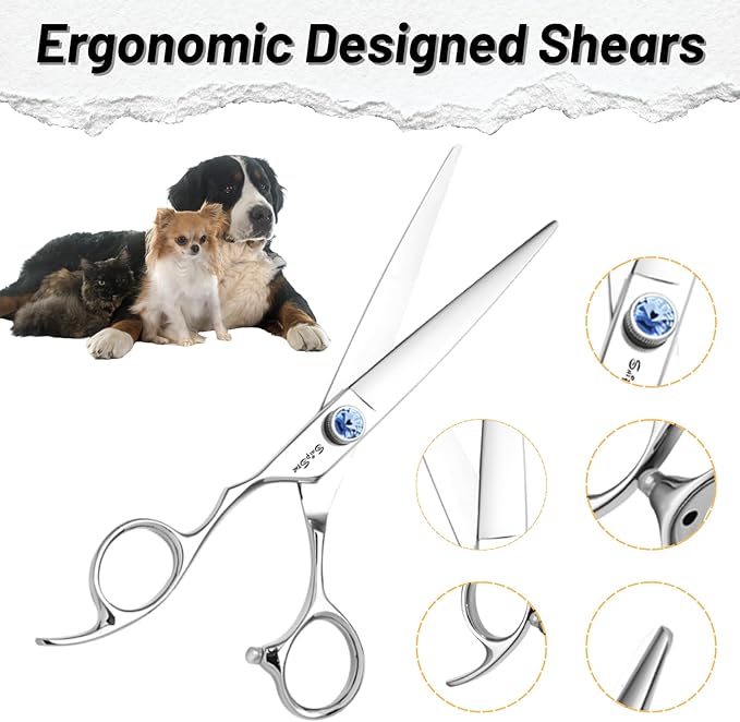 7 Inch Left Handed Straight & 30° Downward Curved Dog Grooming Scissors, Japanese VG10 Steel Professional Pet Shears, Dog Cutting Scissors with Safety Blunt Tip, Trimming Shearing for Dogs Cats