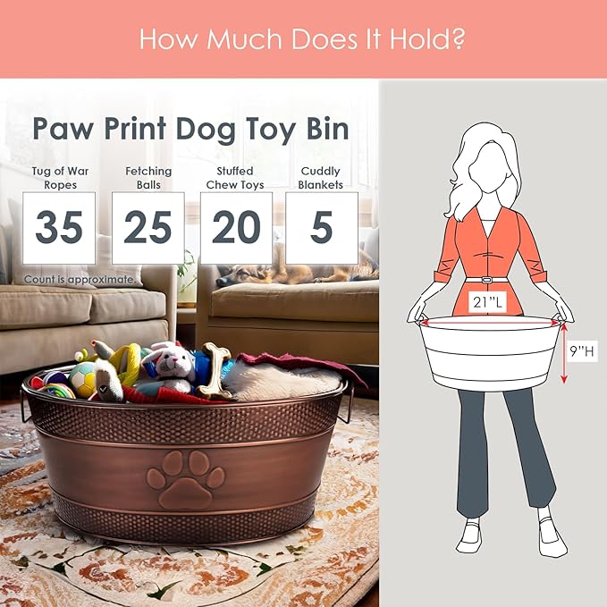 BREKX Indestructible Metal Dog Toy Bin - Copper Galvanized Storage Bin with Handles, Puppy Basket for Dog Storage, Blankets, & Leashes, Paw Pet Toy Box (25-Quart)