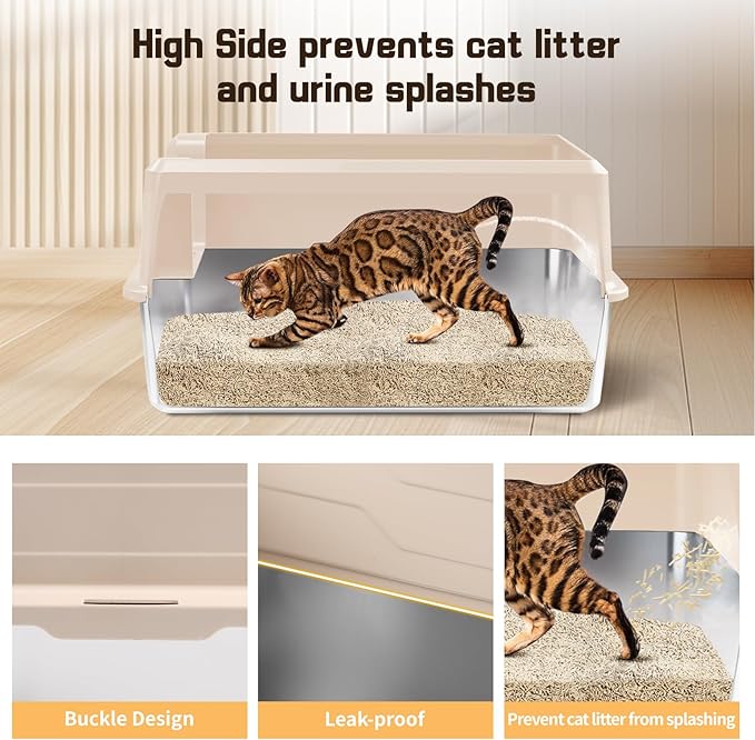 Extra Large Stainless Steel Litter Box, XXXL 27.6" H x 19.7" W x 11.8" H Metal High Sided Cat Litter Box with Scoop, Leak-Proof, Easy Clean for Big Cats/Multiple Cats (Khaki)