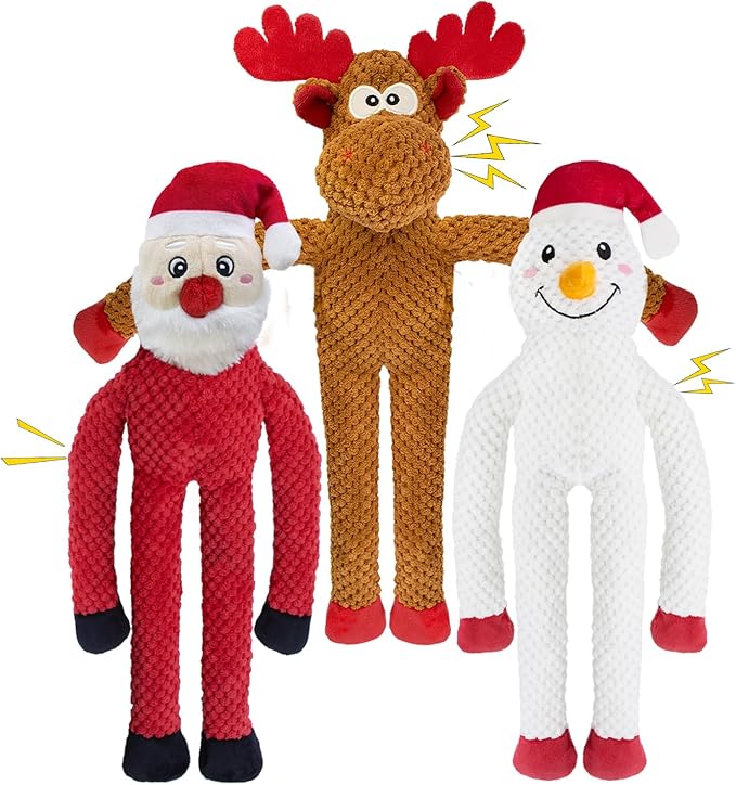 Christmas Squeaky Dog Toys no Stuffing 3-Pack Interactive Dog Toy for Puppy Teething Chew Toy Deer Snowman Santa Claus with Crinkle Paper Tail Keep Them Busy, for Large Medium Small Breeds