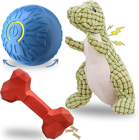 Fur4Fun 3-in-1 Interactive Dog Toy Play Set for Small & Medium Dogs – Self Rolling Ball, Durable Rubber Chew Bone & Squeaky Plush Dinosaur