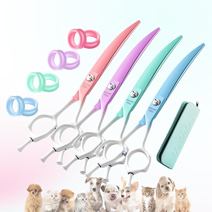 Curved Dog Grooming Scissors Violet to White Gradient 440C Stainless Steel Sharp Durable Dog Shears for Professional or Home Use Ergonomic Handle with 2 Silicone Finger Rings
