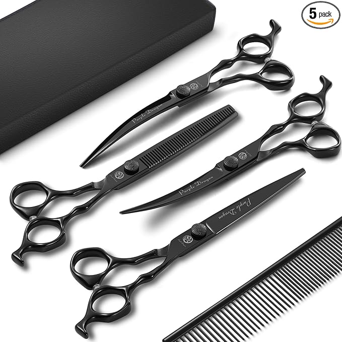Purple Dragon Dog Grooming Scissors Set - Thinning, Straight, Up & Down Curved Scissors and Comb, 7 Inch Black Shears with Adjustable Screw for Dogs and Cats