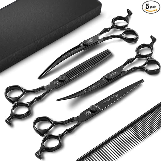 Purple Dragon Dog Grooming Scissors Set - Thinning, Straight, Up & Down Curved Scissors and Comb, 7 Inch Black Shears with Adjustable Screw for Dogs and Cats
