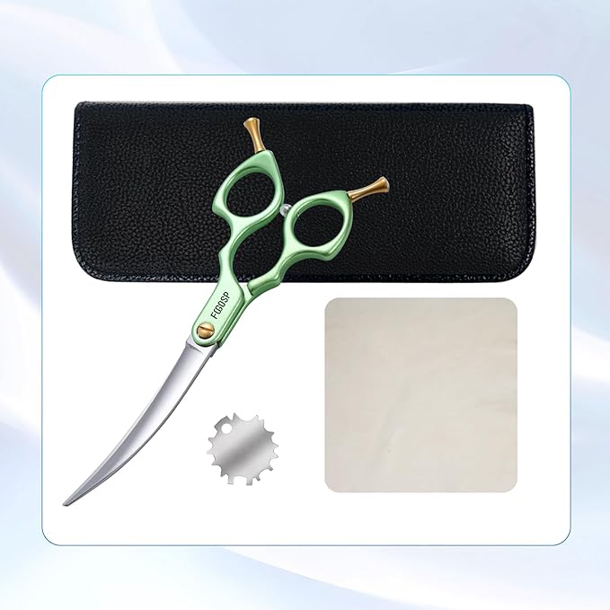 Professional Curved Dog Grooming Scissors with Sharper Self Grinding lightweight and finely trimmed split structure 6.5'' Japan VG10 63HRC for small dogs cat pet(Green)