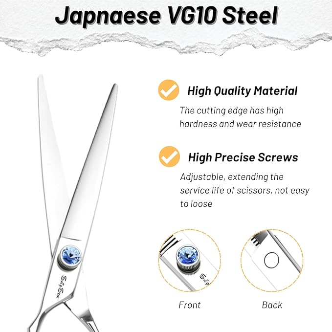 7 Inch Left Handed Dog Grooming Scissors, Japanese VG10 Steel Professional Pet Shears, Straight Dog Cutting Scissors with Safety Noiseless Blunt Tip, Sharp Trimming Shearing for Dogs Cats