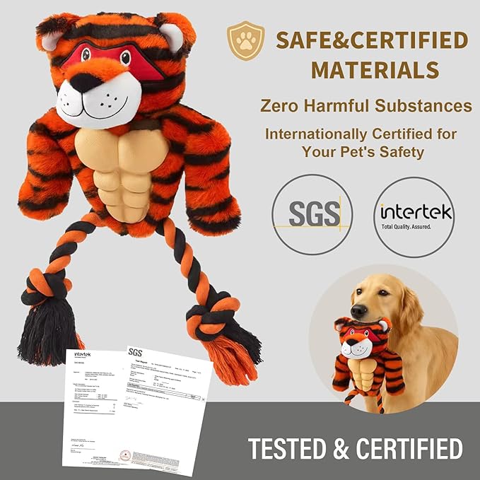 Durable Rope & Plush Dog Toy for Aggressive Chewers – Muscle Tiger Squeaky Tug Toy for Medium & Large Dogs, Interactive Chew & Play