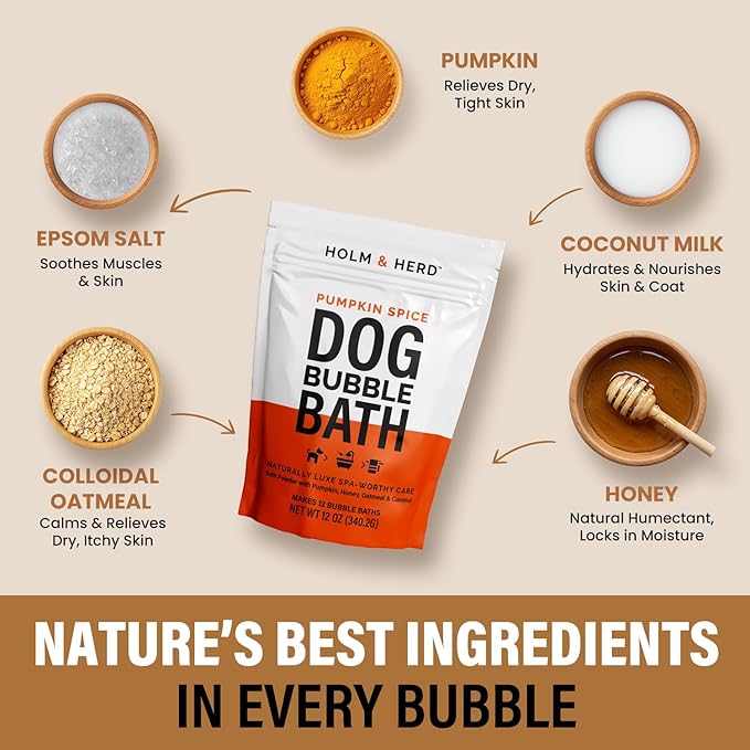 Pumpkin Spice Dog Care Gift Bundle – 3 Piece Grooming Set with Bubble Bath Shampoo Alternative, Deodorizing Coat Spray & Moisturizing Serum – Luxury Spa Kit & Fall Dog Gift (Pumpkin Spice)