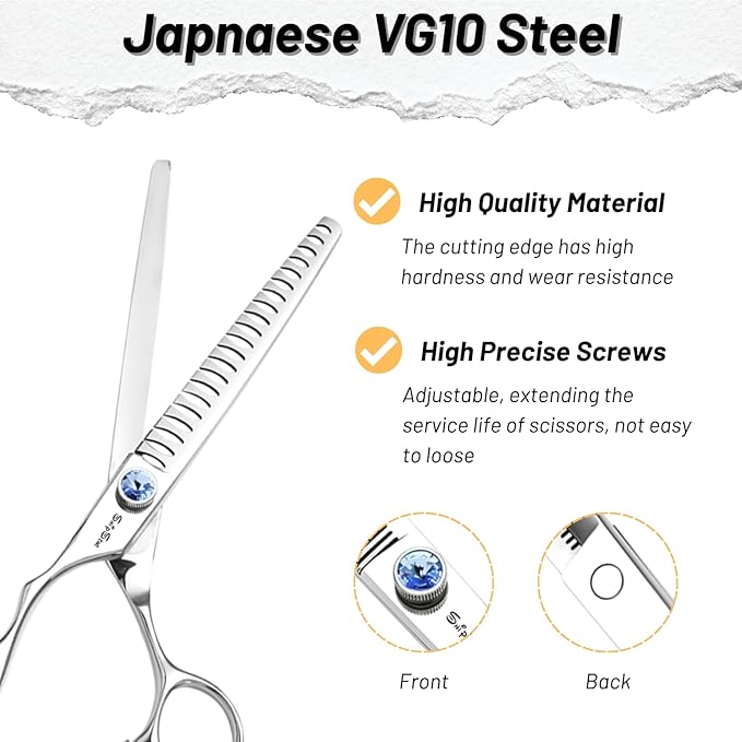7 Inch Left Handed Dog Grooming Scissors Set, Japan VG10 Steel Professional Pet Shears, Straight & 18 Teeth Chunker Cutting Scissors for Dogs Cats, with Safety Blunt Tip, 65% Thinning Rate