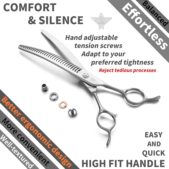High-end Professional Dog Grooming Curved Thinning Scissors Teeth Blending Shears Pet Texturizing Thinner Blender Shears 7.5 Inch Extremely Very Sharp Made Of Stainless Steel Alloy For Dog Cat Groomer