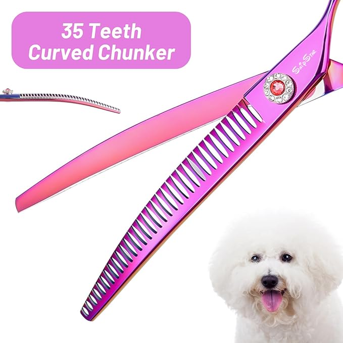 7.5in 25 Degree Curved Thinning Shears, VG10 Steel Sharp Dog Grooming Scissors Chunker, 35 Teeth Professional Pet Curved Blender, High-end Dog Trimming Scissors for Groomer or Home, 65% Thinning Rate