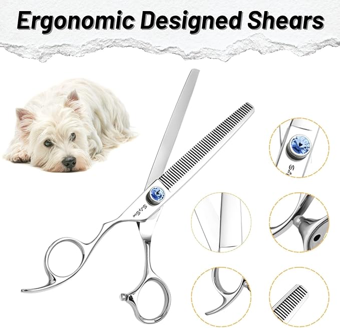 7 Inch Left Handed Dog Grooming Scissors Set, Japan VG10 Steel Professional Pet Shears, 18/50 Teeth Dog Cutting Scissors with Safety Noiseless Blunt Tip, 30% 65% Thinning Shear for Dogs Cats