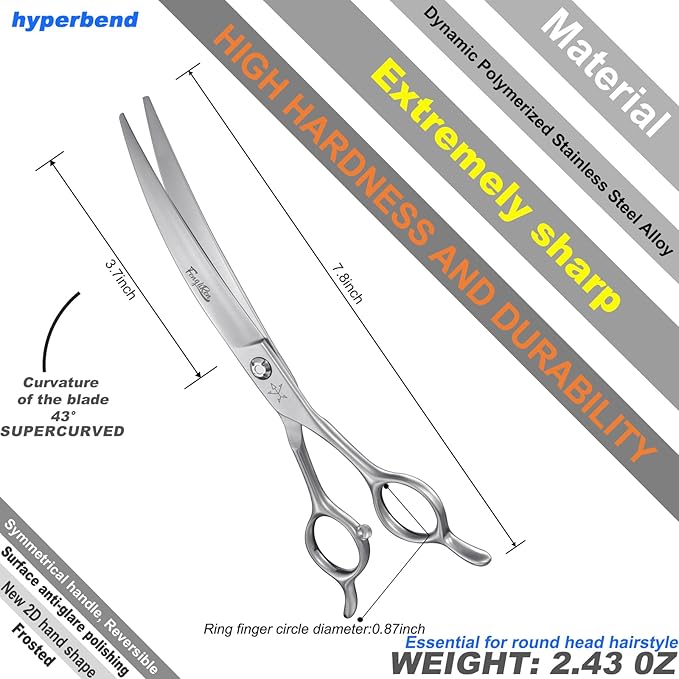 High-end Professional Dog Grooming Curved Scissors Pet Curved Shears 7.5 Inches Extremely Very Sharp Made Of Stainless Steel Alloy By Hand For Dog Cat Groomer