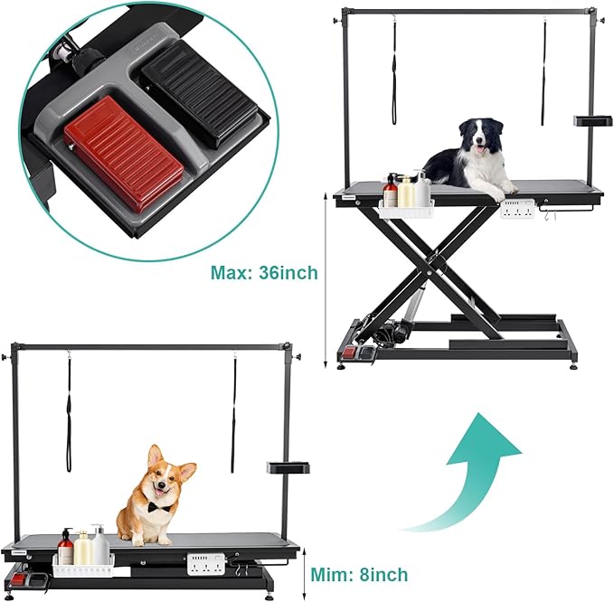 49'' Electric Dog Grooming Table, Ergonomic 400lbs Heavy Duty Grooming Table for Large Dogs at Home with 2 Nooses/Tool Organizer/Adjustable Arm/Foot Control (Black)