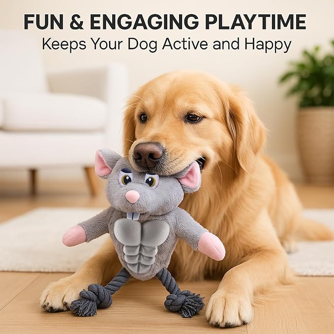 Muscle Mouse Dog Toy for Medium & Large Dogs – Plush Dog Toy with Squeaky Rubber Chest & Rope Legs | Durable Pet Toy for Tug, Fetch & Chewing | for Pet Use Only
