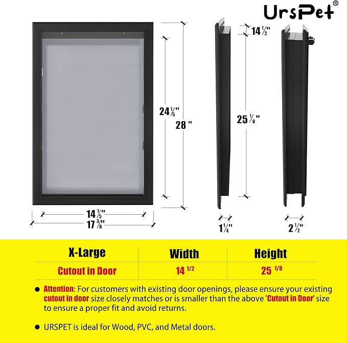 Extra Large Dog Door for Exterior Doors, Heavy Duty Aluminum Doggy Door for Extreme Weather, Cutout Size 14 1/2''W x 25 1/8''H, Giant Dog Door Up to 220 lbs, Lockable, Black