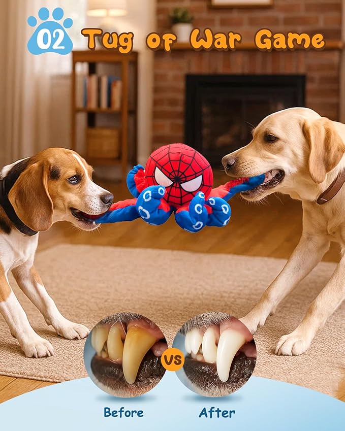 JoySolar 3 in 1 Tear Apart Squeaky Dog Toy - Spider Stuffed Rip and Reveal Dog Toy, Plush Interactive Pet Toy with Spikey Ball Inside for Small Medium Pets to Keep Them Busy