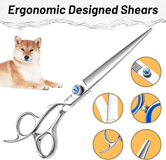 7in Left-Handed Dog Grooming Scissors Set, Japan VG10 Steel Professional Dog Scissors for Grooming, 30° Curved Thinner Chunker Shears Kit with Safety Blunt Tip, Thinning Shears for Dogs Cats Cutting