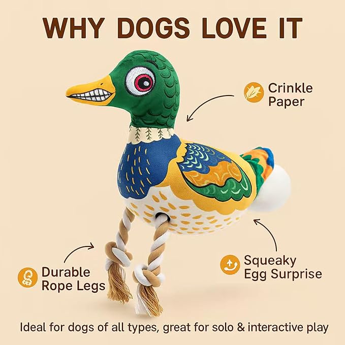 Duck Dog Toy – No Stuffing Durable Plush with Rope Legs & Crinkle Wings, Squeaky Duck Toy for Medium & Large Dogs, Tough Chew Toy for Interactive Tug & Fetch Play
