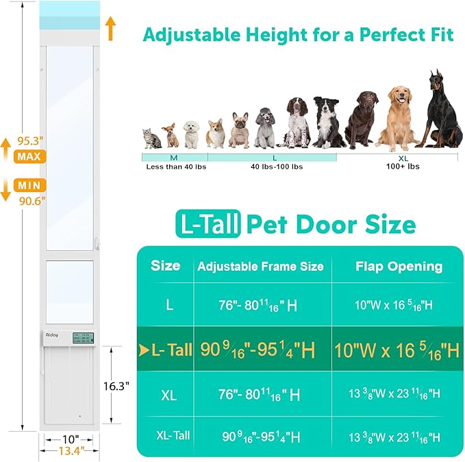 Automatic Sliding Glass Dog Door with Collar Sensor，Large Electric Doggy Door for Sliding Glass Doors, Adjustable 90 9/16" to 95 1/4" Slider Height, Anti-Pinch,Fits Dog Up to 100 Lbs (L-Tall)