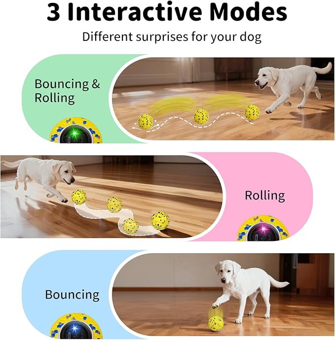 Interactive Dog Toys Ball, Moving Dog Toys to Keep Them Busy, Automatic Self Rolling & Bouncing, Soft E-TPU Material IPX7 Waterproof, Enrichment for Small Medium Large Breeds, Yellow