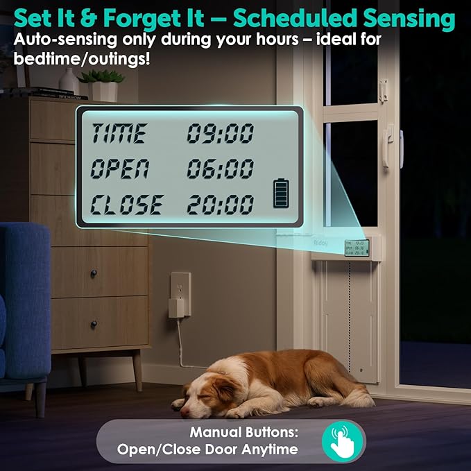 Automatic Sliding Glass Dog Door with Collar Sensor，Large Electric Doggy Door for Sliding Glass Doors, Adjustable 90 9/16" to 95 1/4" Slider Height, Anti-Pinch,Fits Dog Up to 100 Lbs (L-Tall)