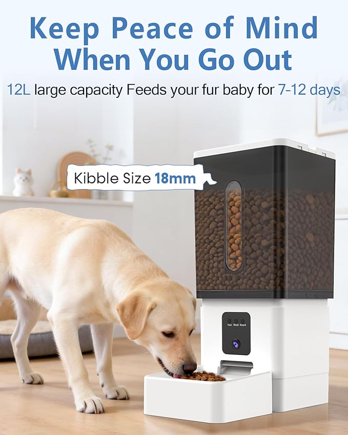 Large Dog Automatic Feeder with Camera: 12L/50 Cups Home Smart Dog Feeder for 12 Days Feeding - Anti-Clog with 20mm Wide Chute for Big Breed Owner