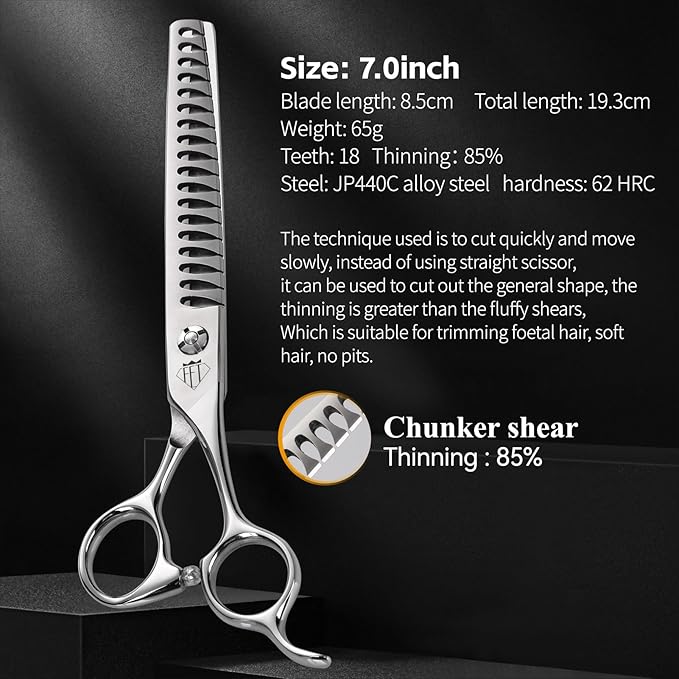 Dog Grooming Scissors: Professional Grooming Scissors for Pet High Precision CNC-Cut Blades, Silver (Chunker, 7")