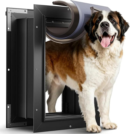 3-Flap XL Dog Door, All Aluminum Alloy Extra Large Dog Door door for Wall, Heavy Duty Pet Door Easy to Install, Energy Efficient, Telescoping Tunnel for Interior & Exterior Wall, Pet Up to 220Lb-Black