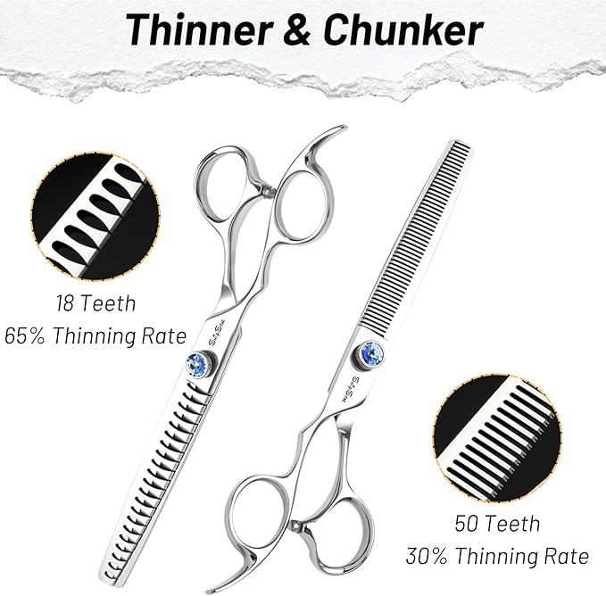 7in Left-Handed Dog Grooming Scissors Set, Japan VG10 Steel Professional Dog Scissors for Grooming, 30° Curved Thinner Chunker Shears Kit with Safety Blunt Tip, Thinning Shears for Dogs Cats Cutting