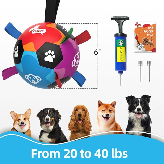 QDAN Dog Toys, Durable Dog Balls with Straps to Keep Them Busy, Outdoor Dog Soccer Ball for Small Medium Large Pets, Birthday Toy, Interactive Training Herding Ball (6 Inch)