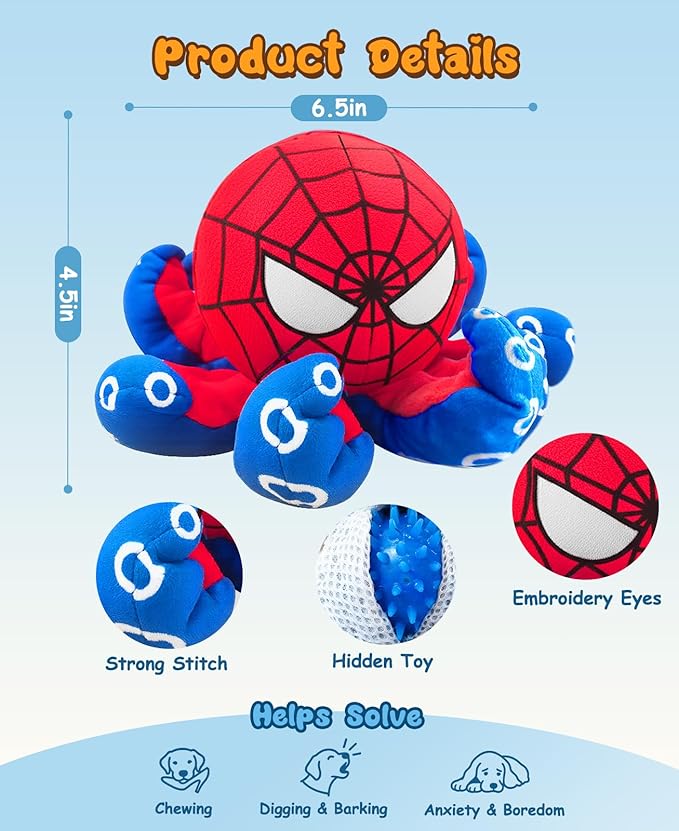 JoySolar 3 in 1 Tear Apart Squeaky Dog Toy - Spider Stuffed Rip and Reveal Dog Toy, Plush Interactive Pet Toy with Spikey Ball Inside for Small Medium Pets to Keep Them Busy