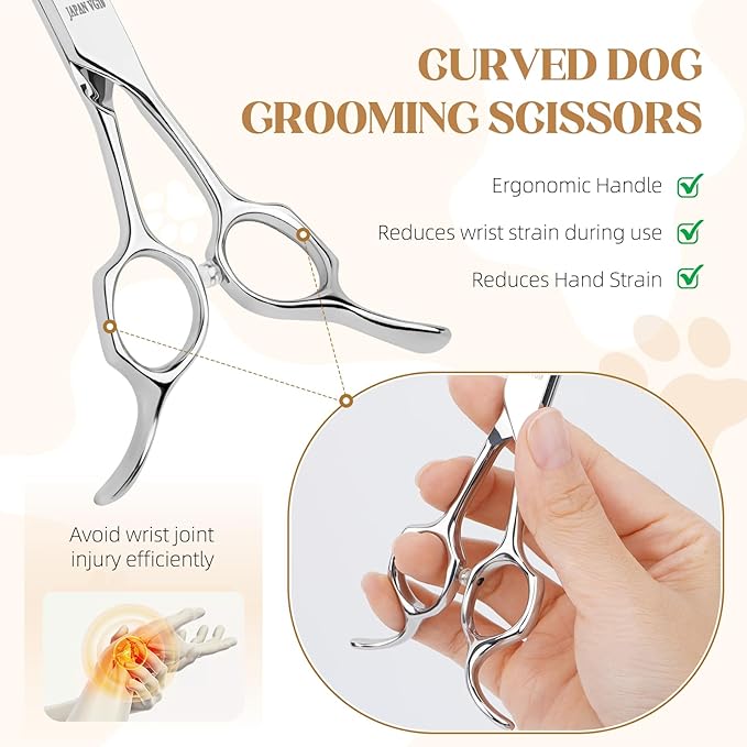 Curved Dog Grooming Scissors 7.5 in Professional Pet Grooming Shears Japan VG10 Reversible Ergonomically Designed handle for Grooming Face, Eyes, Paws & Body