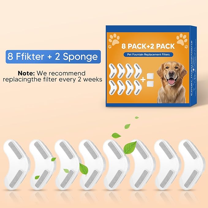 Dog Water Fountain Filters - 8 Packs Replacement Filters & 2 Sponges for Large Dog Fountain, Wireless