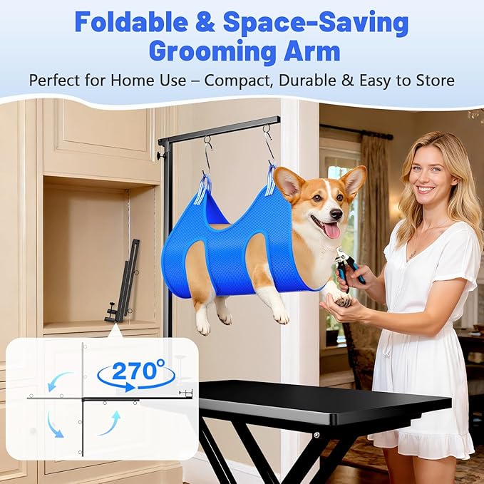 Dog Grooming Arm with Hammock, Adjustable 26"-38" Foldable Grooming Table Arm with Clamp & 2 No-Sit Holders, Heavy Duty for Small & Medium Dogs, Includes Nail Clippers (Table Not Included)