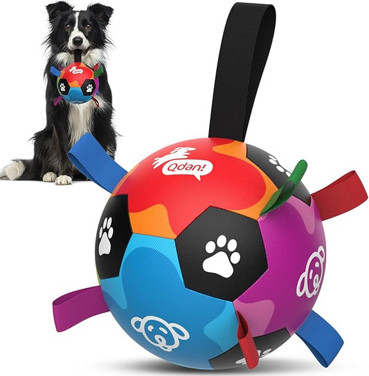 QDAN Dog Toys, Durable Dog Balls with Straps to Keep Them Busy, Outdoor Dog Soccer Ball for Small Medium Large Pets, Birthday Toy, Interactive Training Herding Ball (6 Inch)