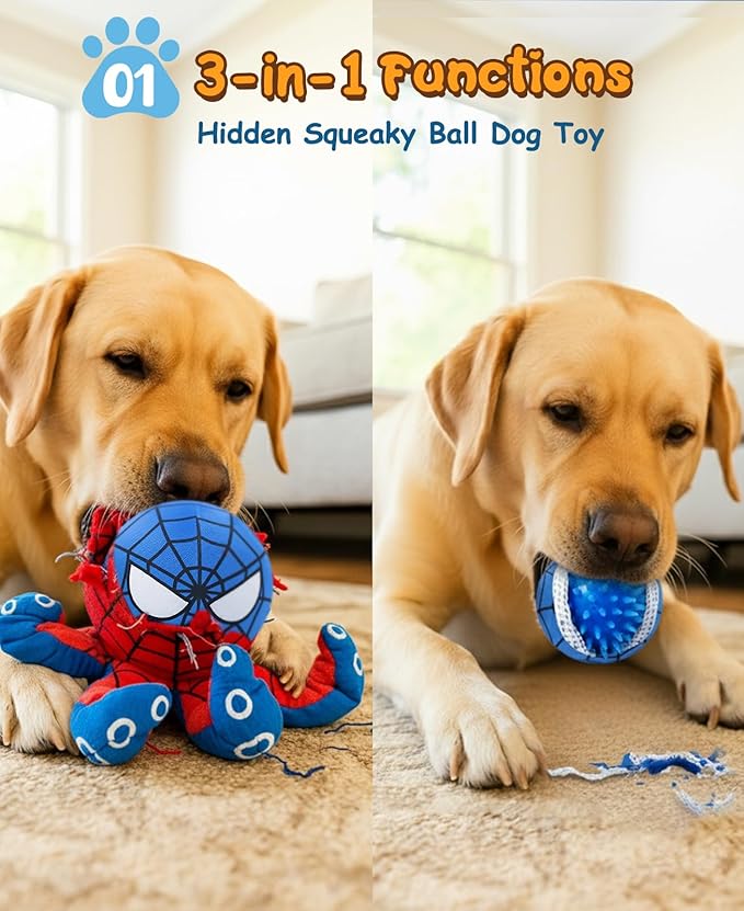 JoySolar 3 in 1 Tear Apart Squeaky Dog Toy - Spider Stuffed Rip and Reveal Dog Toy, Plush Interactive Pet Toy with Spikey Ball Inside for Small Medium Pets to Keep Them Busy