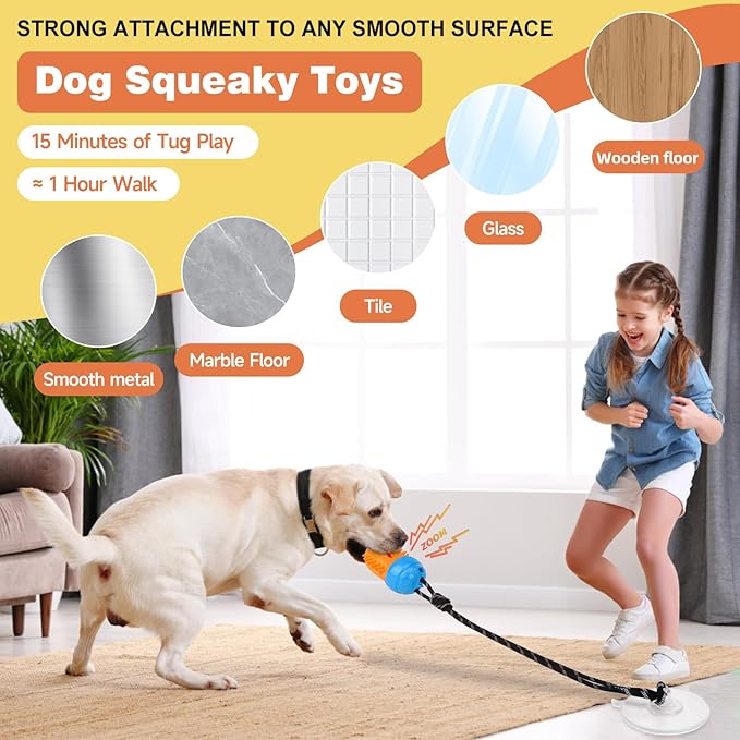 Interactive Suction Cup Tug Dog Toy,Treat Dispensing Puzzle Enrichment Squeaky Toy, Indestructible Chew Toy for Medium Small Dogs,Blue Orange