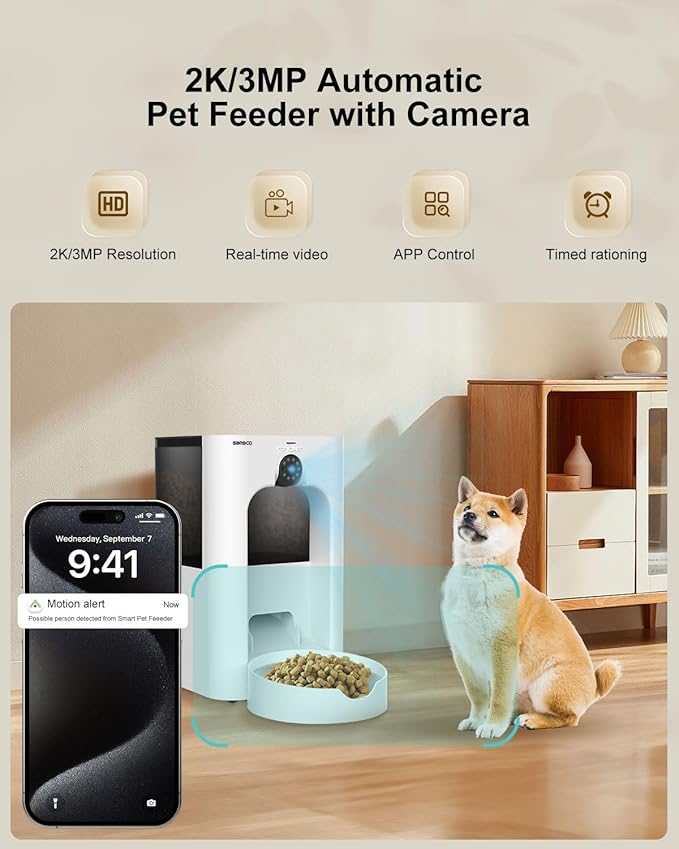 SANSCO Automatic Cat Feeder with Camera: Automatic Dog Feeder, 2K 3MP Video Recording Timed 2.4 & 5GHz WiFi App Control Pet Feeder Dispenser for Cat Dog, Rotates Up and Down, 4L